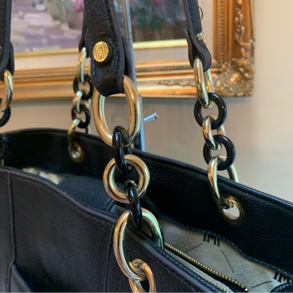 Antonio Melani Italian Pebbled Leather Chain Links Black Tote Shoulder Bag - Picture 9 of 13